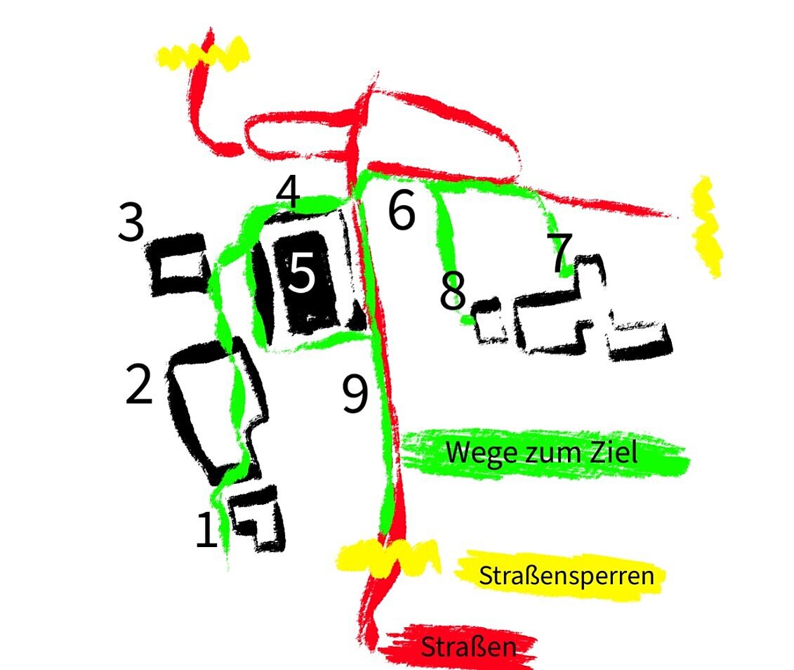 Bunter Lageplan mit 9 nummerierten Bereichen, Wegen in Grün, Straßensperren in Gelb und Straßen in Rot; Legende unten.